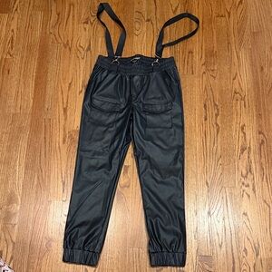 Black Faux Leather Cargo Joggers with Detachable Suspenders, Size Medium